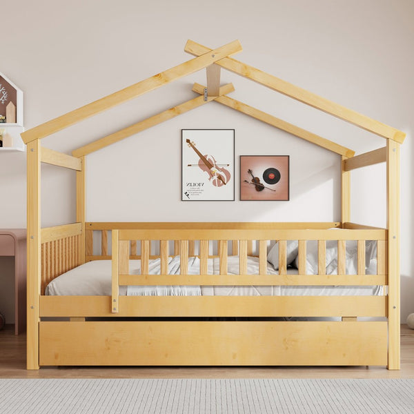 English Elm Full Size Pine House Bed with Roofline Frame and Roll Out Twin Trundle for Kids Natural LP100306AAN