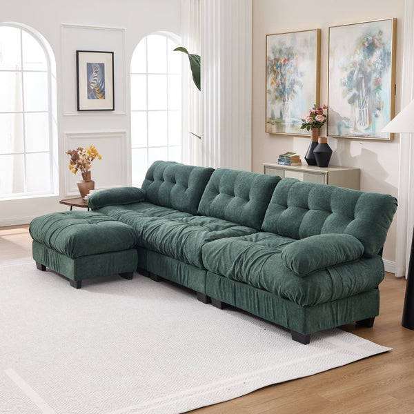 English Elm Modular Cloud Sectional Sofa Flannelette Deep Seat L Shape with Movable Ottoman Green W2120S00035