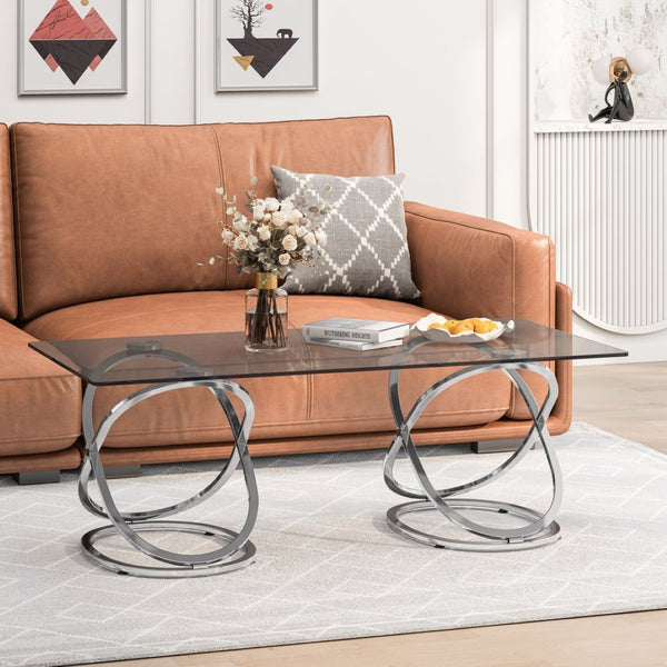 English Elm 31.50'' Sculptural Chrome Ring Base Coffee Table Gray Tempered Glass Luxury Living Room W757P412775