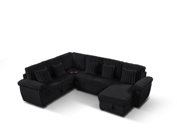 English Elm 110-inch U-shaped Corduroy Sectional with Sleeper Storage and Built-in Coffee Table W2564S00054