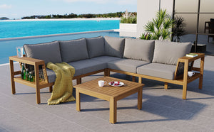 English Elm <old Old Sku Acacia Wood L-shaped Patio Sectional with Woven Rope Armrests Resort Cushioned Set Gray,Natural N704F201249E