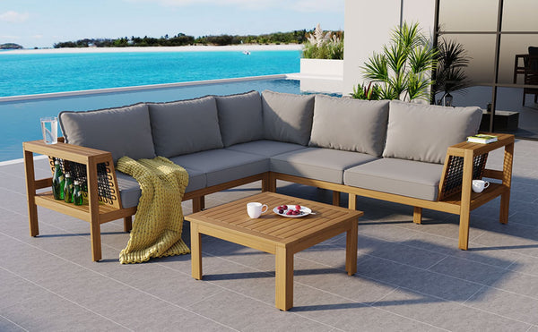 English Elm <old Old Sku Acacia Wood L-shaped Patio Sectional with Woven Rope Armrests Resort Cushioned Set Gray,Natural N704F201249E