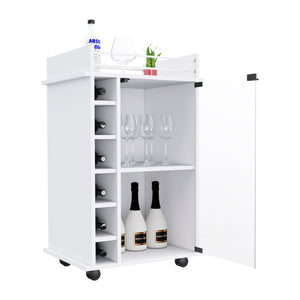 English Elm Bar Bar Cart Glass Door Cabinet with Two Shelves, Six Bottle Cubbies, Locking Casters, Rail Top White 31.49 L x 20.86 W x 6.69 H B097133032