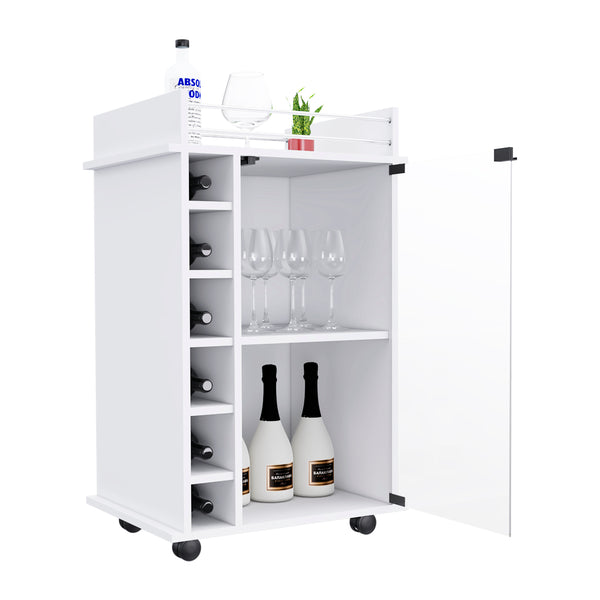 English Elm Bar Bar Cart Glass Door Cabinet with Two Shelves, Six Bottle Cubbies, Locking Casters, Rail Top White 31.49 L x 20.86 W x 6.69 H B097133032