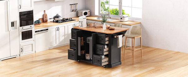 English Elm K&K 56-Inch Kitchen Island Cart with Embossed Vertical Stripe, Drop Leaf, Charging Station, Storage Black N707P266184B