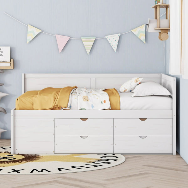 English Elm Full Size Daybed with Storage Drawers Open Shelves Low Profile Contemporary Frame White LP102023AAK-1
