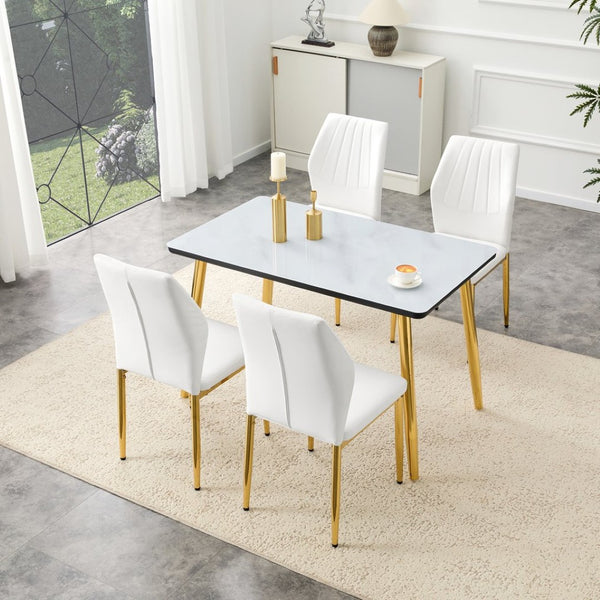 English Elm Table and Chair Set Marble Glass Top Gold Leg Modern Glam Dining Room 5 Piece W1151S04653