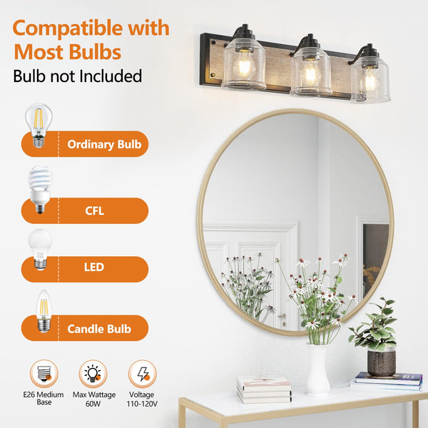 English Elm 23" Farmhouse Vanity Light Fixture – 3-Light Industrial Wall Sconce with Clear Seeded Glass, Black Woodgrain Finish W2312P374826