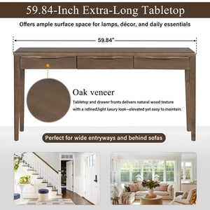 English Elm U_style Oak Veneer Console Table with Three Wave Drawers for Entryway or Foyer Brown N711P401926D