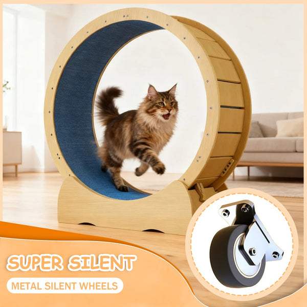 English Elm Cat 42" Exercise Wheel for Indoor Cats - Solid Acacia Wood, Quiet TPE Rollers, Anti-Pinch Design & Lockable Safety W2500P293097