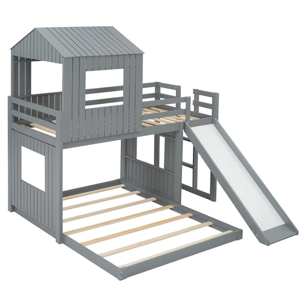 English Elm Wooden Twin Over Full Bunk Bed Farmhouse Playhouse Slide Pinewood Kids Loft Gray LT000328AAN