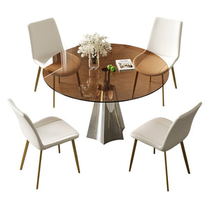 English Elm 35 Inch Round Glass Dining Set Mid Century 5 Piece with Flared Base Pu Chairs W2700S00081