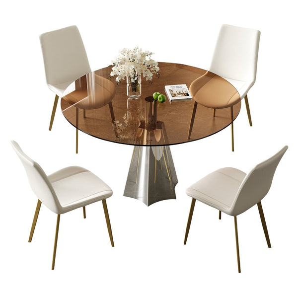 English Elm 35 Inch Round Glass Dining Set Mid Century 5 Piece with Flared Base Pu Chairs W2700S00081