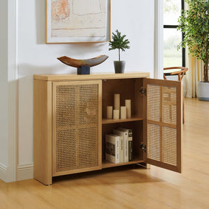 English Elm 39.4" Mid Century Modern Rattan Sideboard Buffet Cabinet with Pop-Up Doors, Charging Holes, Stylish Storage Natural W1801P362143