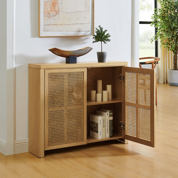 English Elm 39.4" Mid Century Modern Rattan Sideboard Buffet Cabinet with Pop-Up Doors, Charging Holes, Stylish Storage Natural W1801P362143