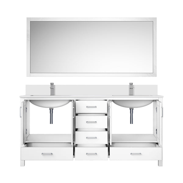English Elm White Double Bath Vanity 72in W x 22in D with Cultured Marble Top, Chrome Faucet & Large Mirror, Durable B2731S01022