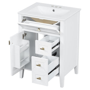 English Elm "24'' 24 Inch Glossy Freestanding Bathroom Vanity with Gold Hardware and Soft Close Storage White Rubberwood N725P448529K