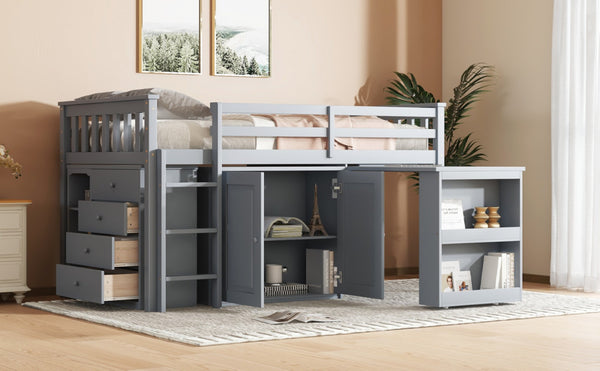 English Elm Twin Loft Bed Rubberwood Frame Pull Out Desk Storage Cabinet and Shelf Kids Room Grey W504S00287