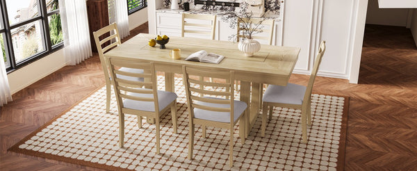 English Elm 7 Extendable Dining Table Set with 18" Leaf and 6 Upholstered Chairs — Rustic Farmhouse 60–78" Wood Veneer Table Natural N752S000090N