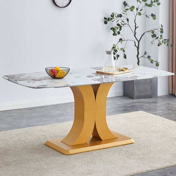 English Elm A modern minimalist dining table with imitation marble glass top, gold MDF legs, easy assembly, durable elegance W1151S01193