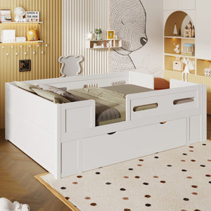 English Elm Wood Twin Platform Bed for Kids with Fence Guardrail and Under Storage Drawer White N709P385776K
