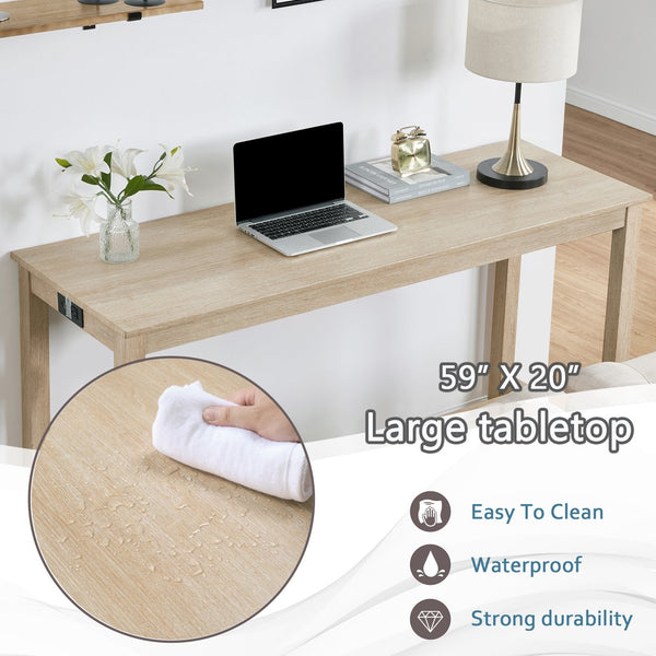 English Elm 4 Rustic Bar Table Set with Built-In Power, USB & Type-C, Water-Resistant Wood Grain Top, 59" L x 35.5" H Light Oak W1998P324485