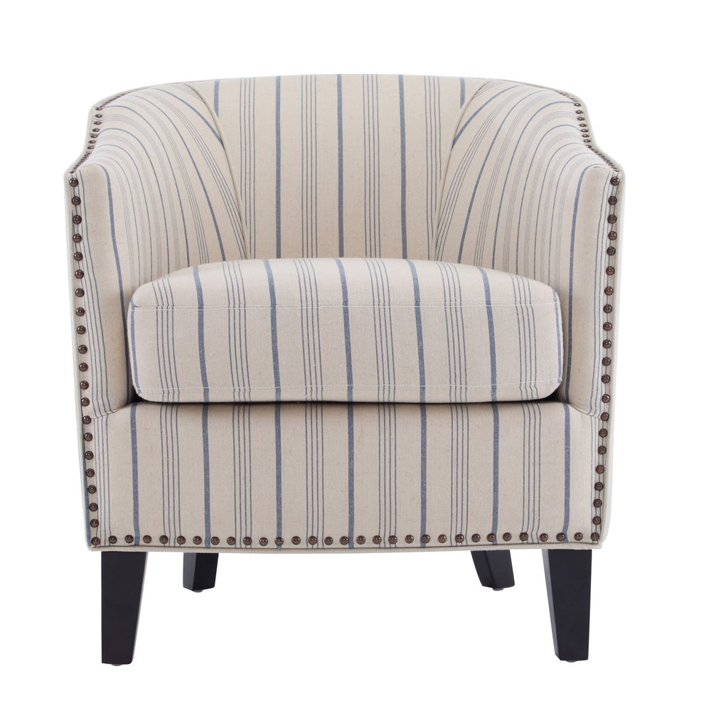 English Elm Christopher Knight Home® - Upholstered Stripe Barrel Chair Beige & Blue Fabric Club Seat with Studs, Plush Cushion, Wood Legs N776P237271S