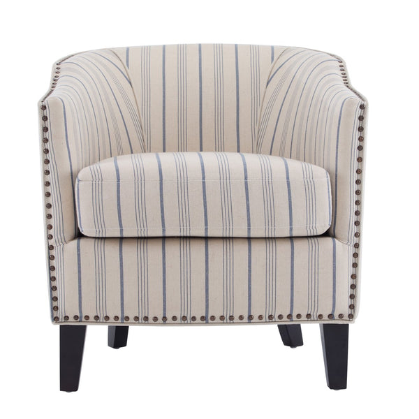 English Elm Christopher Knight Home® - Upholstered Stripe Barrel Chair Beige & Blue Fabric Club Seat with Studs, Plush Cushion, Wood Legs N776P237271S