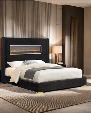 English Elm Contemporary Queen Platform Bed Upholstered Fabric Headboard with Built-in 3d Fireplace B2741P439939
