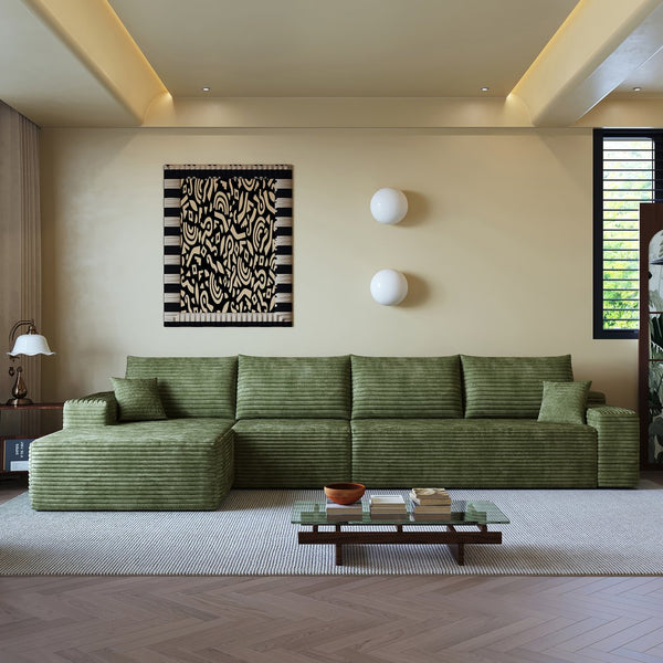 English Elm 135" Cloud Sectional Couch - Cozy Modular L-Shape Sofa With Reversible Chaise In Plush Green Fabric W2824S00125