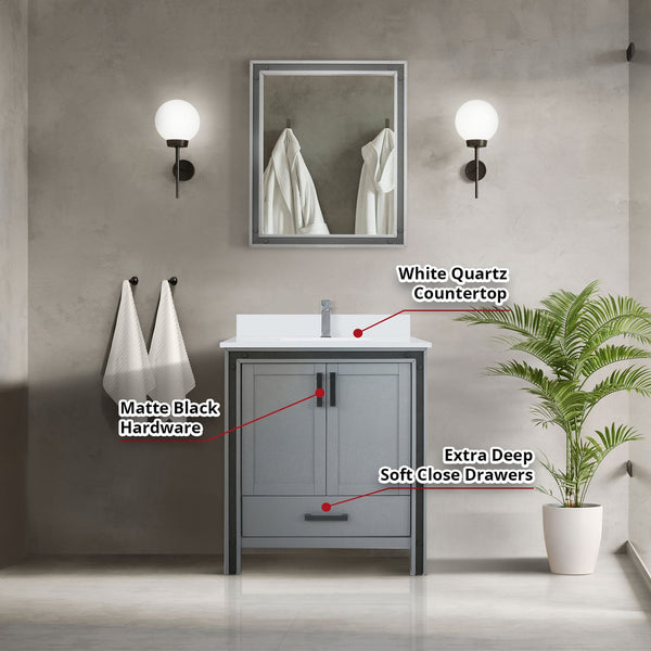 English Elm Dark Grey Bath Vanity 30" W x 22" D with White Quartz Top, Chrome Faucet, 28" Mirror, Durable Surface B2731S01343