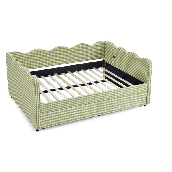 English Elm Full Size Gingham Linen Daybed with Wave Backrest Trundle and Usb Charging Port Green W1413S00147