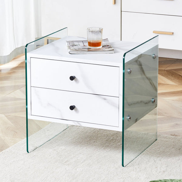 English Elm Double-drawer modern bedside table with MDF surface, tempered glass sides, elegant storage design W1151P191734