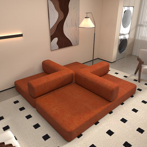 English Elm Convertible Floor Sofa Bed Orange Corduroy 3-Seat Sleeper with Cylindrical Pillow, Foldable Lounge W1960P411414