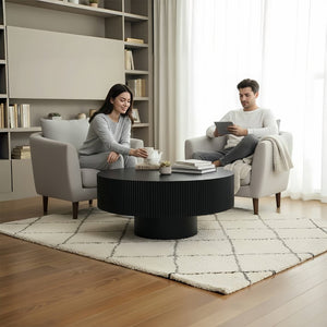 English Elm Round Fluted Pedestal Coffee Table Mid Century Mdf Base for Compact Living Spaces W3204P390987