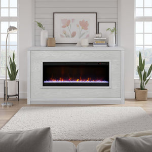 English Elm Haven 92" Fireplace Mantel with 42" Electric Insert, Oak Veneer, Curved Corners, Remote Heat B108P364424
