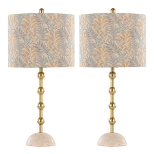 English Elm Table Lamp Set of 2 Travertine Stone Base with Brass Hardware and Warm Fabric Shade Gold,Tan B202P471583