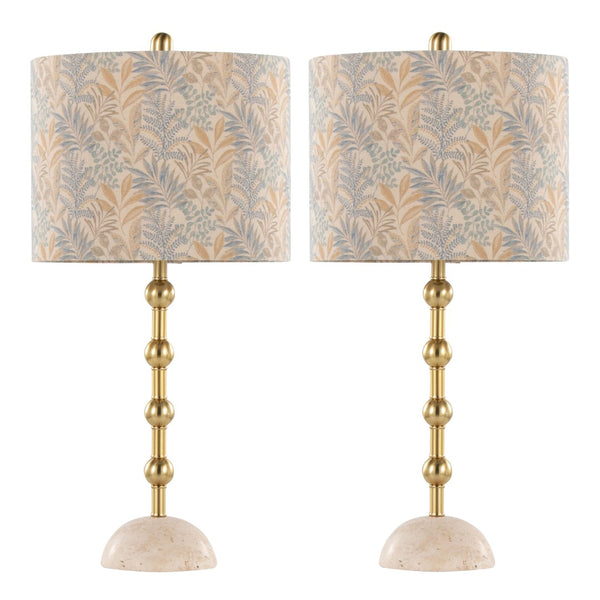 English Elm Table Lamp Set of 2 Travertine Stone Base with Brass Hardware and Warm Fabric Shade Gold,Tan B202P471583