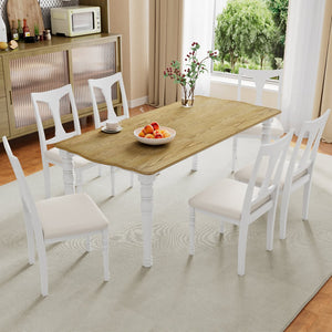 English Elm 7-Piece Extendable Dining Set with Removable Leaf and 6 Upholstered Chairs, Solid Rubberwood Legs, Seats 6 Natural+White N752S000030K