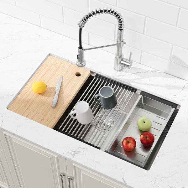 English Elm Stainless Steel Undermount Kitchen Sink Handmade Single Bowl with Colander Board T3177P296192