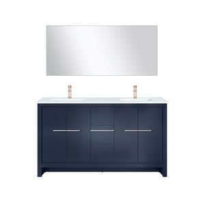 English Elm Navy Blue Double Bath Vanity With White Quartz Top, Rose Gold Faucet & 55" Mirror - Elegant Design B2731S01724