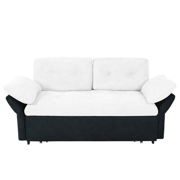 English Elm Convertible Pull Out Sofa Bed Queen Size with Steel Frame, Dual Armrests, Chenille Sleeper Couch with Storage and Casters White+Black W3163P269663