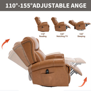 English Elm Heat Massage Swivel Rocker Recliner in Genuine Leather for Living Room Comfort W3224S00013
