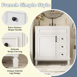 English Elm 30" French-Inspired Bathroom Vanity With Ceramic Sink, 2 Soft-Close Drawers & Adjustable Shelf Storage N710P323323K