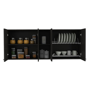 English Elm Winslow 150" Wall Cabinet with Built-In Dish Rack, Four Doors, Open Center Shelf, Black Finish B128P148993