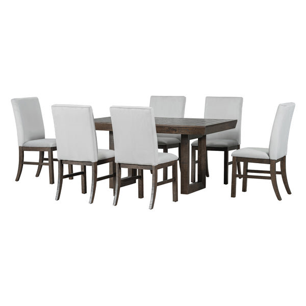 English Elm TOPMAX 7-Piece Extendable Dining Set with 12" Self-Hidden Butterfly Leaf and Upholstered Chairs, Distressed White Wire-Brushed Finish Brown SP000059AAD