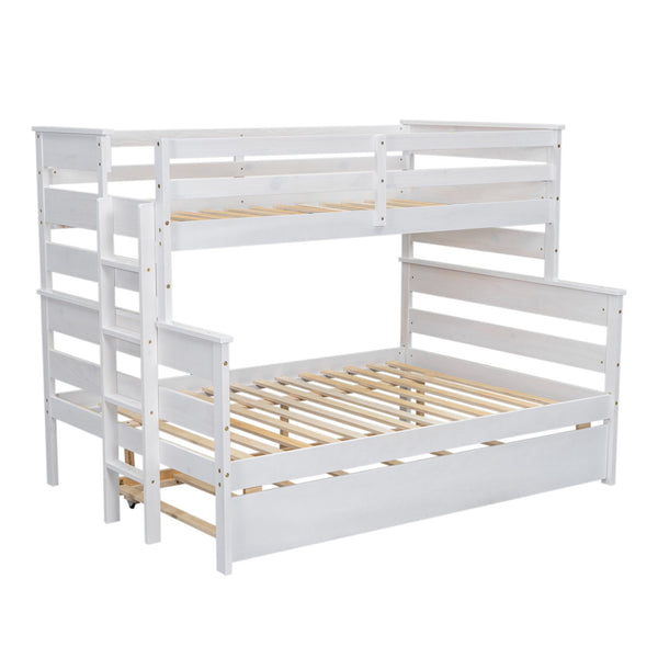 English Elm Wood Twin over Full Bunk Bed with Twin Trundle – Space-Saving Pine/MDF Triple Bed, Sturdy & Safe Design White GX000448AAK-1