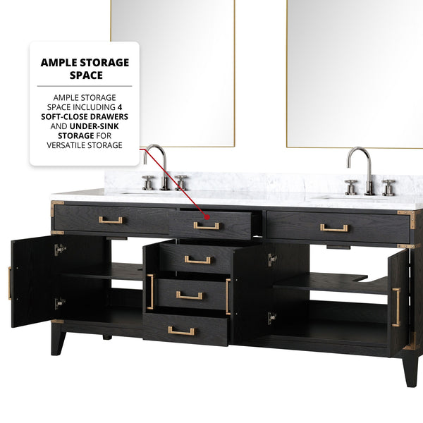 English Elm Black Oak Double Bath Vanity Set With Carrara Marble Top, Faucets & 36" Mirrors For Modern Spaces B2731S02190