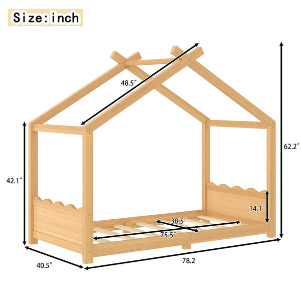 English Elm Twin House Frame Floor Bed Solid Pine Kids Room Montessori Low Profile Play Nook W1580P387836