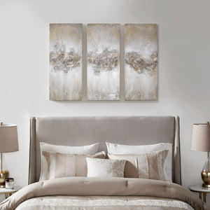 JLA Home Madison Park - Heavily Hand-Painted 3-Piece Canvas Triptych with Natural Rock Accents, Taupe Ombre & Subtle Glitter MP95C-0158